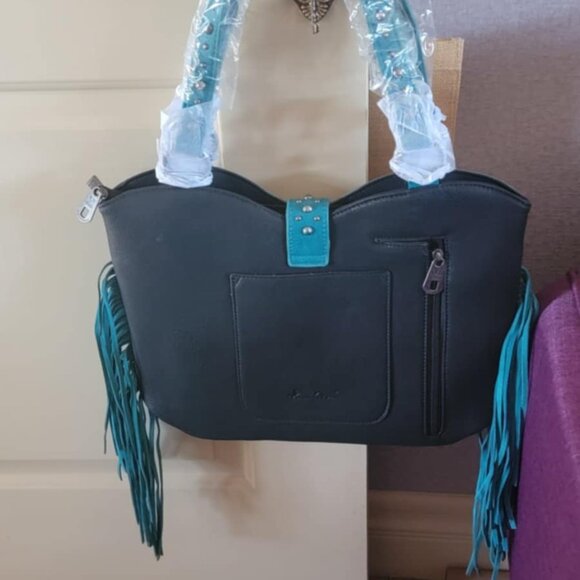 Montana West Floral Embroidered Fringe Tote Black w/Turquoise - Picture 3 of 7